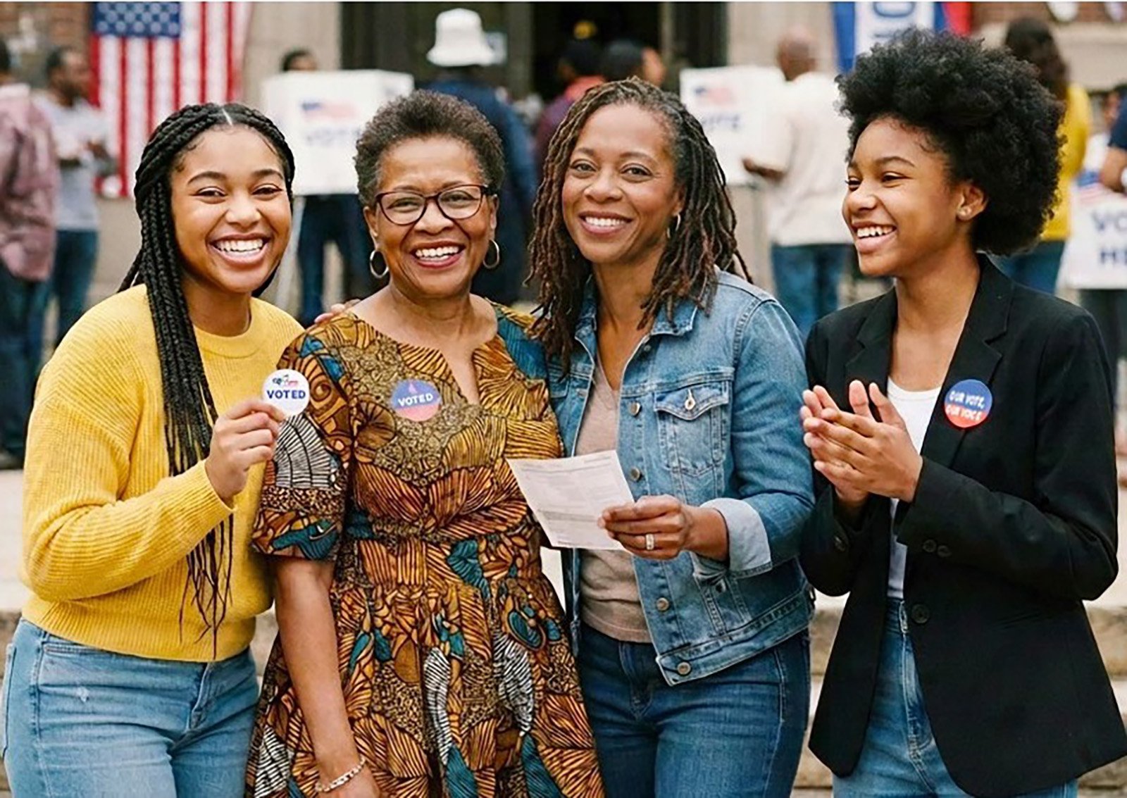 Black women voters with voting stickers